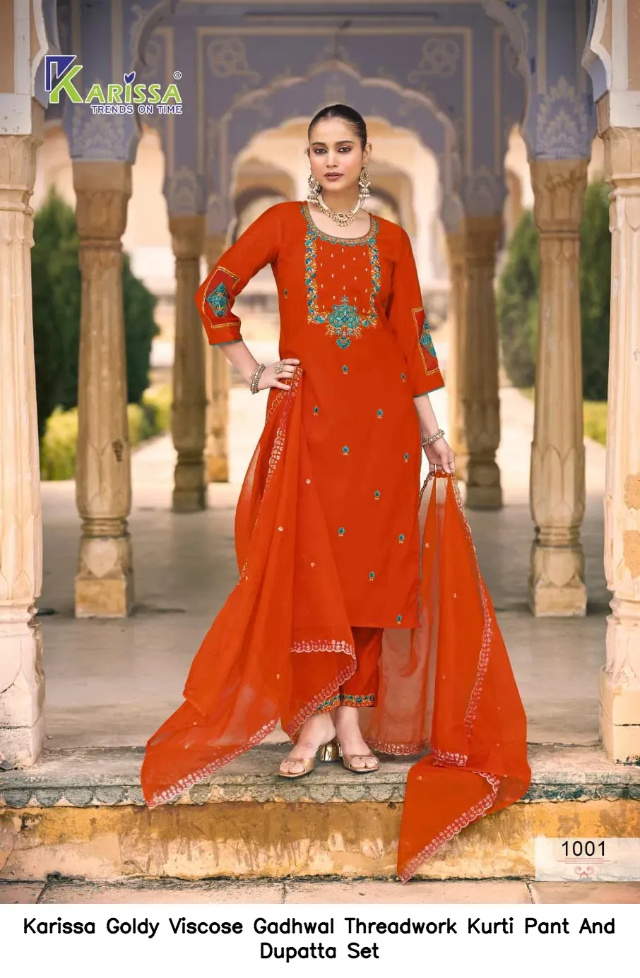 Karissa Goldy Viscose Gadhwal Threadwork Kurti Pant And Dupatta Set