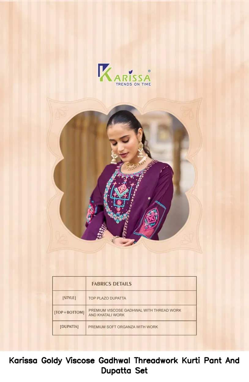Karissa Goldy Viscose Gadhwal Threadwork Kurti Pant And Dupatta Set