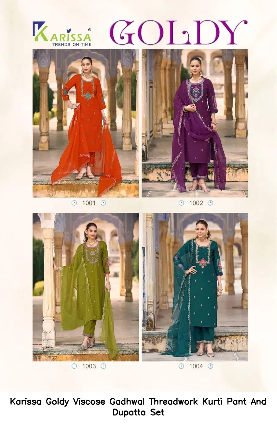Karissa Goldy Viscose Gadhwal Threadwork Kurti Pant And Dupatta Set