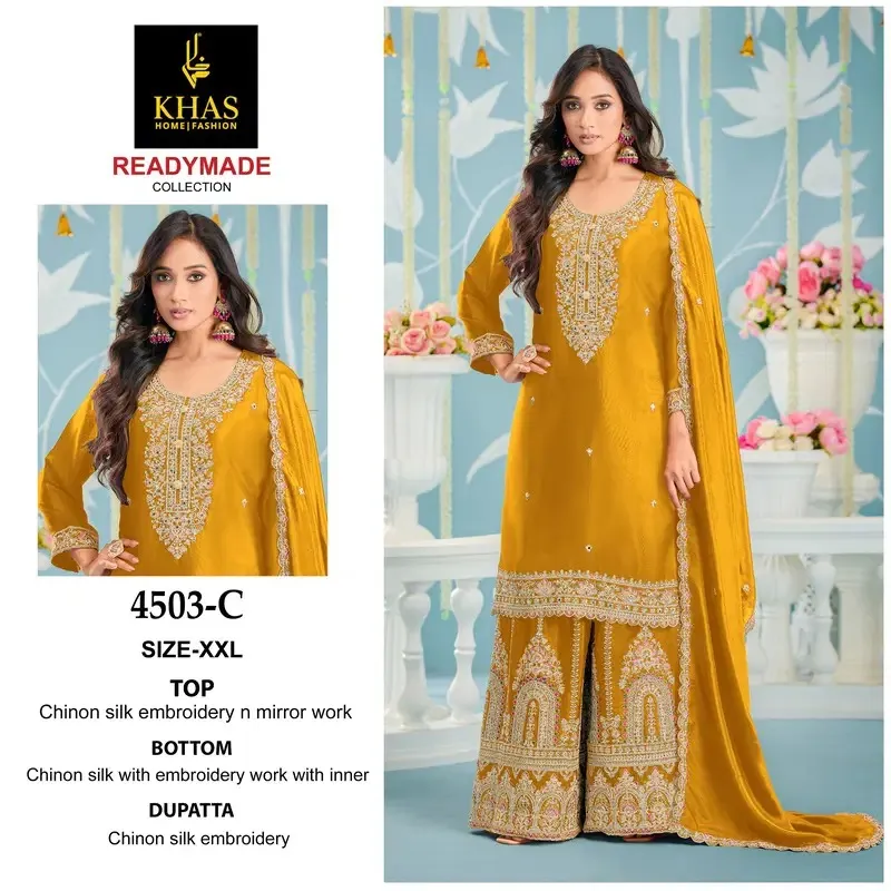 Khas 4503 A To C Chinon Silk With Embroidery Work Pakistani Salwar Suit