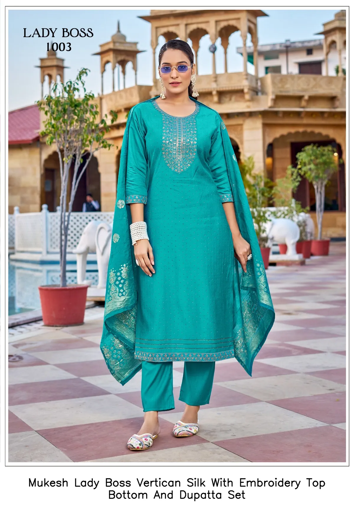 Mukesh Lady Boss Vertican Silk With Embroidery Top Bottom And Dupatta Set