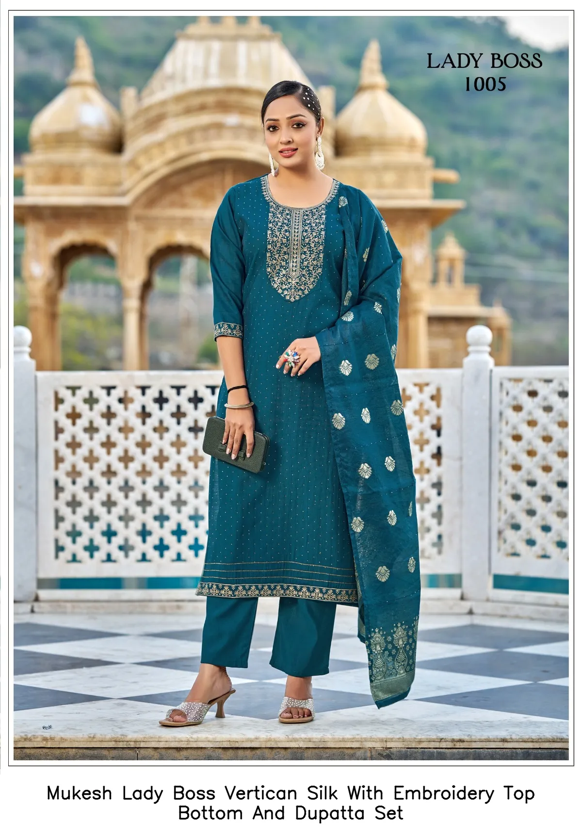 Mukesh Lady Boss Vertican Silk With Embroidery Top Bottom And Dupatta Set