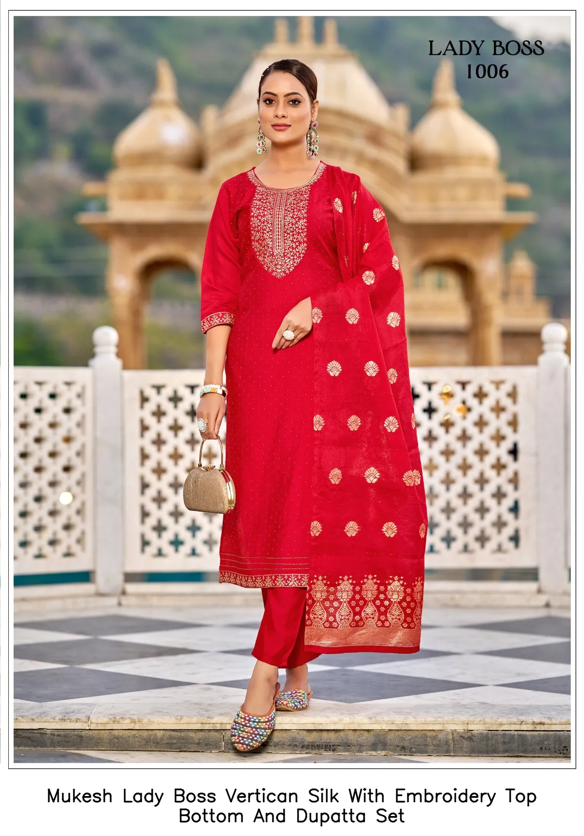 Mukesh Lady Boss Vertican Silk With Embroidery Top Bottom And Dupatta Set