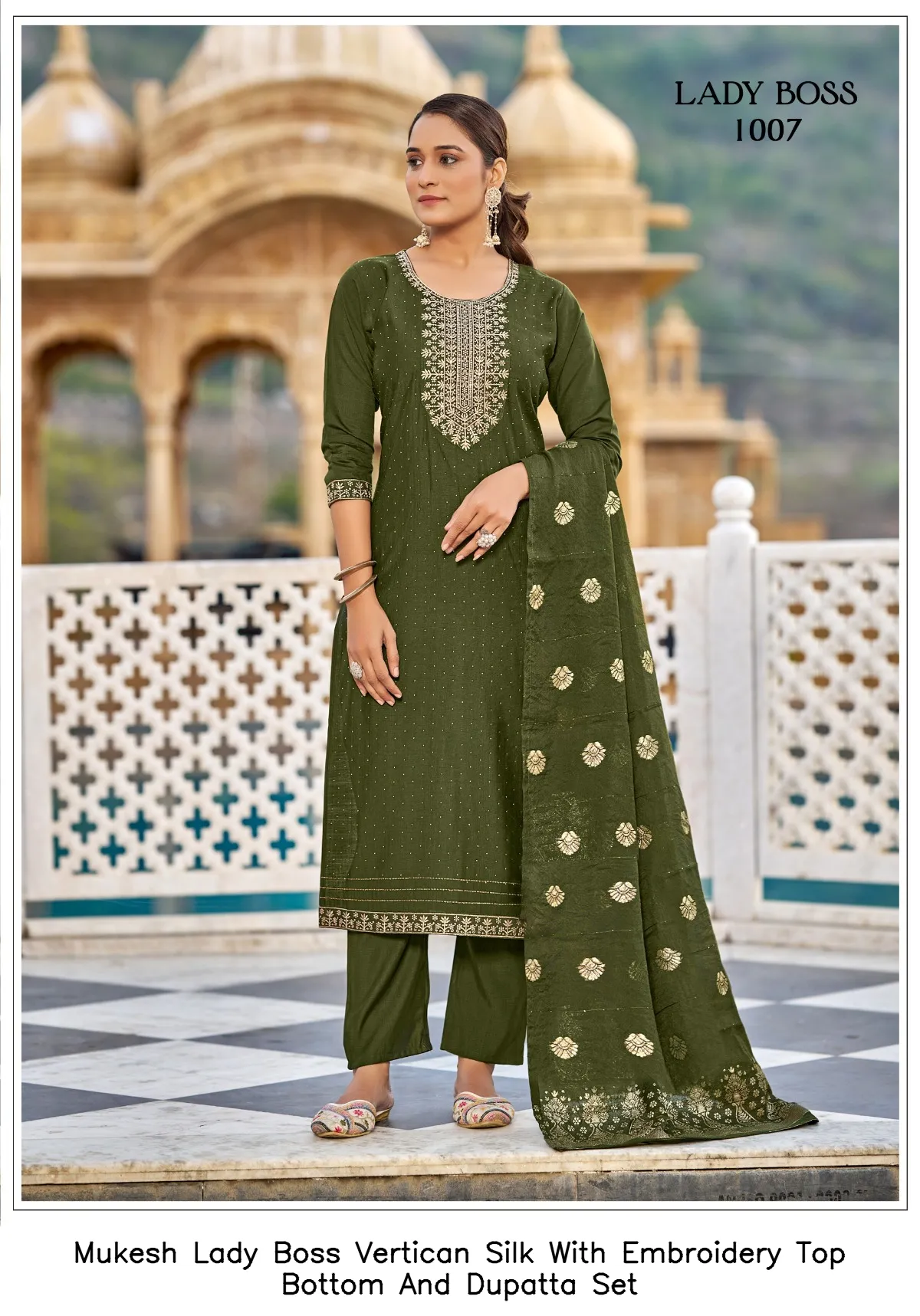 Mukesh Lady Boss Vertican Silk With Embroidery Top Bottom And Dupatta Set