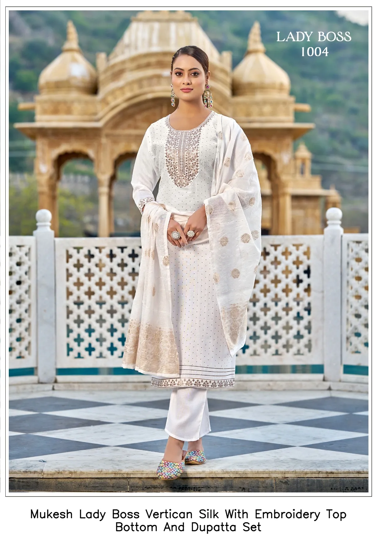 Mukesh Lady Boss Vertican Silk With Embroidery Top Bottom And Dupatta Set