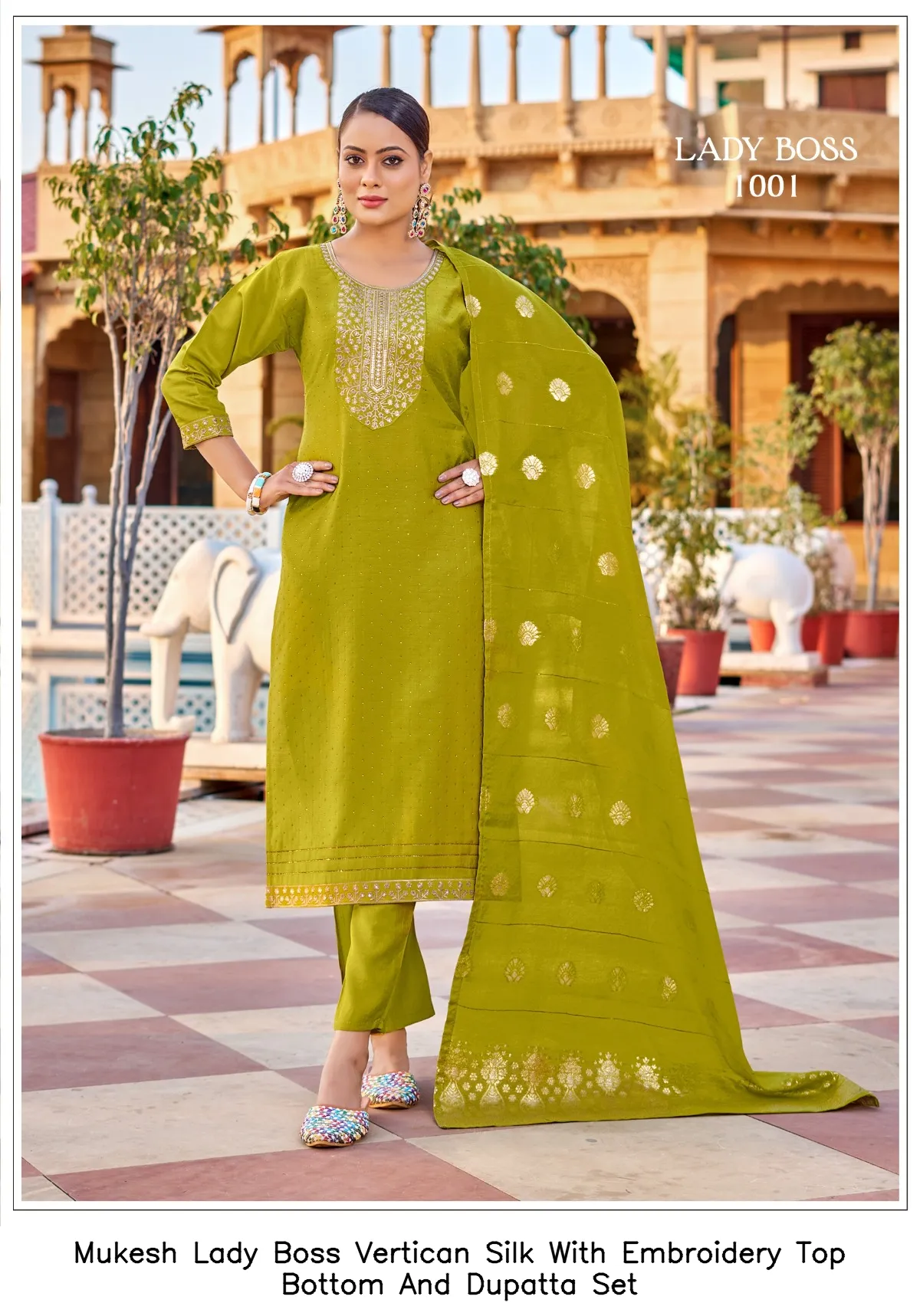 Mukesh Lady Boss Vertican Silk With Embroidery Top Bottom And Dupatta Set