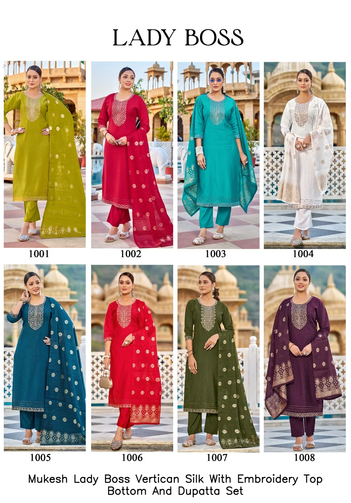 Mukesh Lady Boss Vertican Silk With Embroidery Top Bottom And Dupatta Set