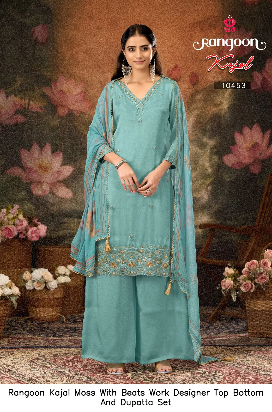 Rangoon Kajal Moss With Beats Work Designer Top Bottom And Dupatta Set