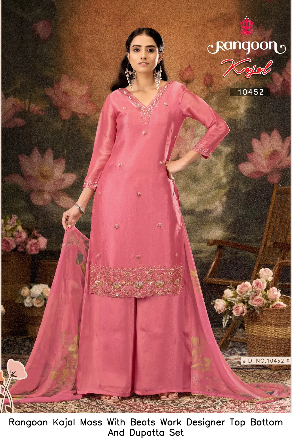 Rangoon Kajal Moss With Beats Work Designer Top Bottom And Dupatta Set