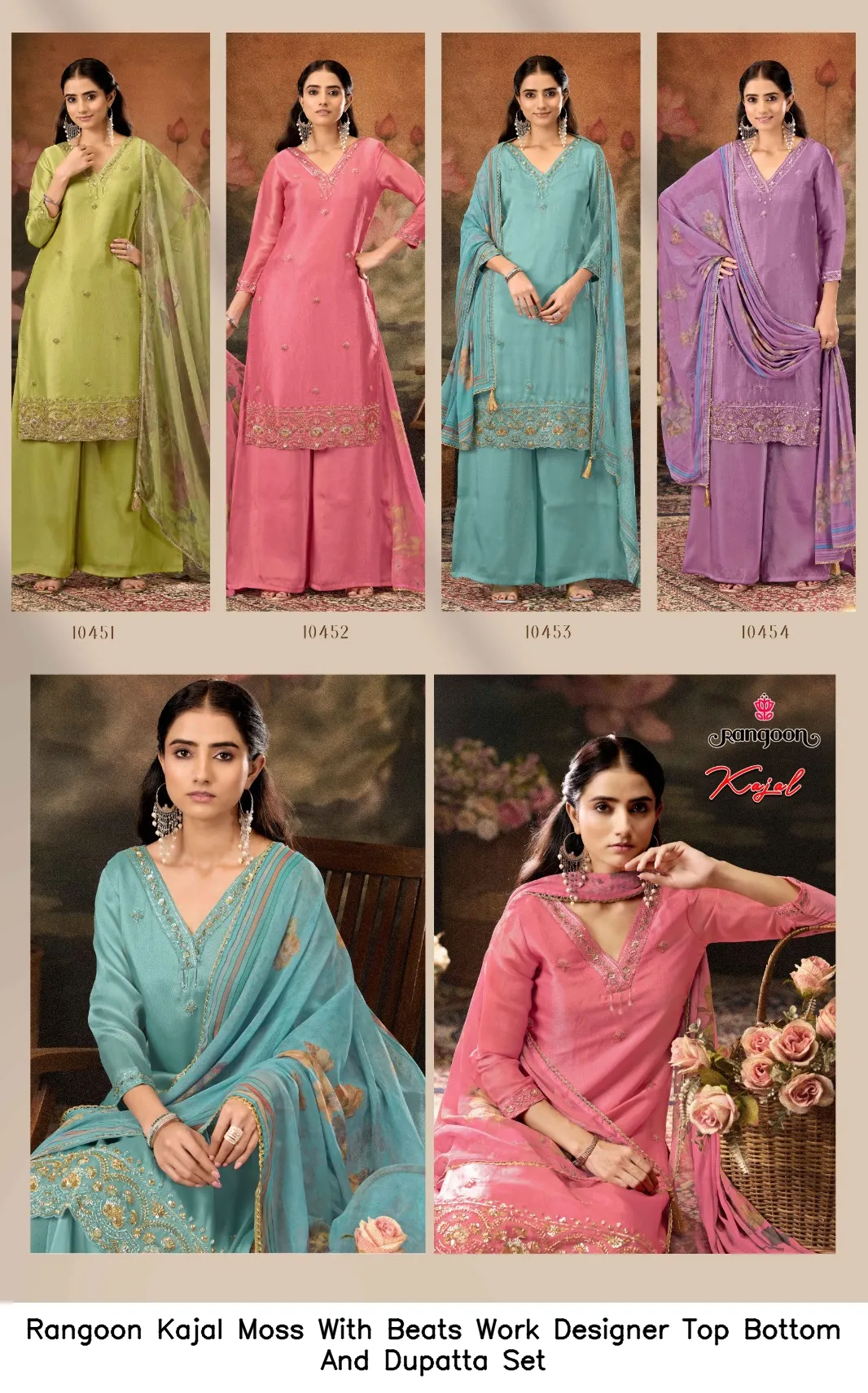 Rangoon Kajal Moss With Beats Work Designer Top Bottom And Dupatta Set