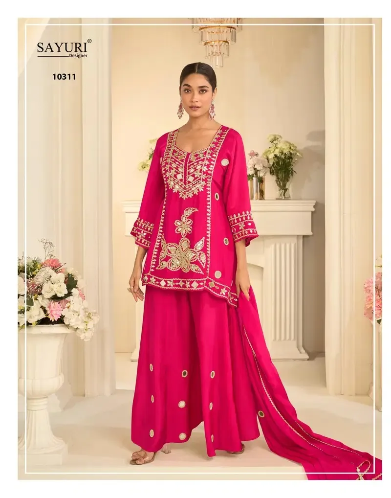 Sayuri Mirror 10311 Chinon Silk Mirror Work Top Gharara And Dupatta Set