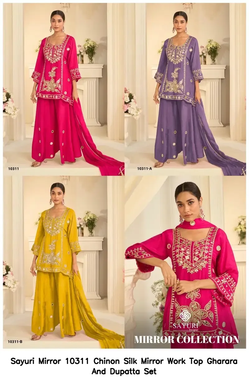 Sayuri Mirror 10311 Chinon Silk Mirror Work Top Gharara And Dupatta Set