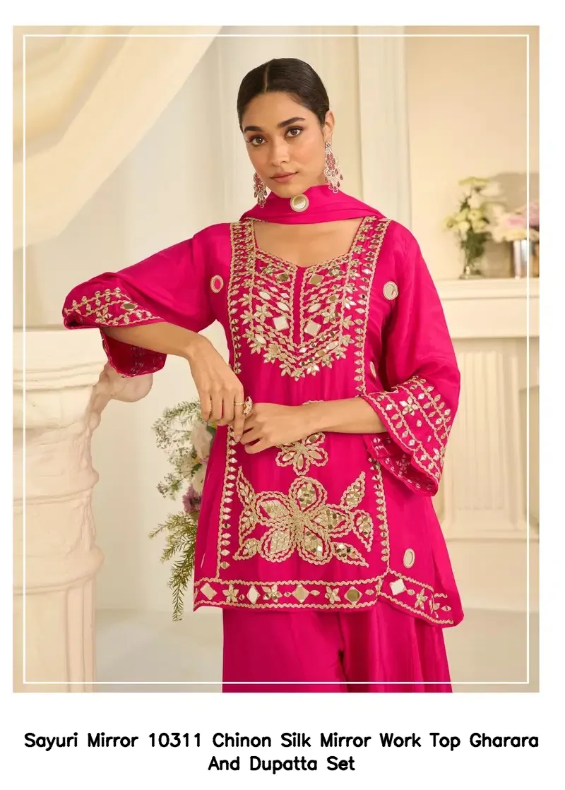 Sayuri Mirror 10311 Chinon Silk Mirror Work Top Gharara And Dupatta Set