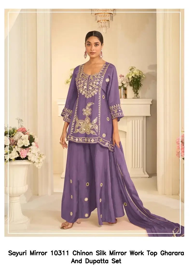 Sayuri Mirror 10311 Chinon Silk Mirror Work Top Gharara And Dupatta Set