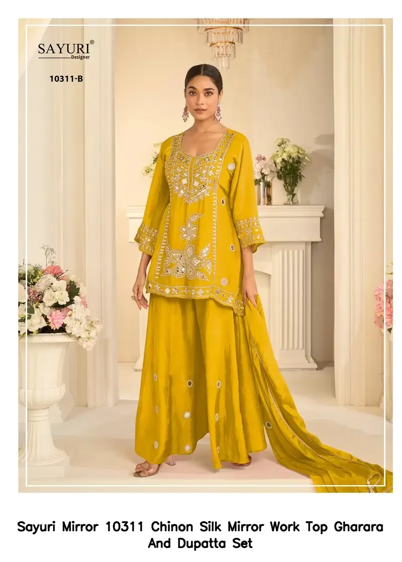 Sayuri Mirror 10311 Chinon Silk Mirror Work Top Gharara And Dupatta Set