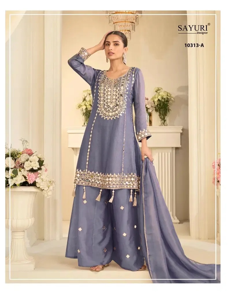 Sayuri Mirror 10313 Simar Silk Mirror Work Top Sharara And Dupatta Set