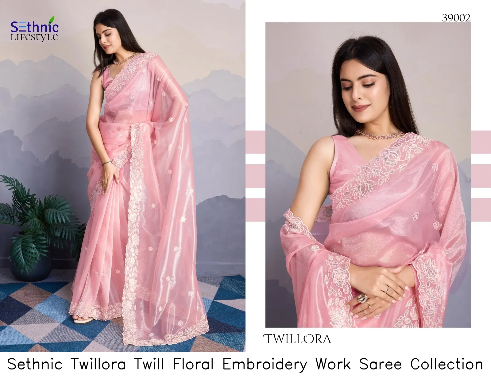 Sethnic Twillora Twill Floral Embroidery Work Saree Collection