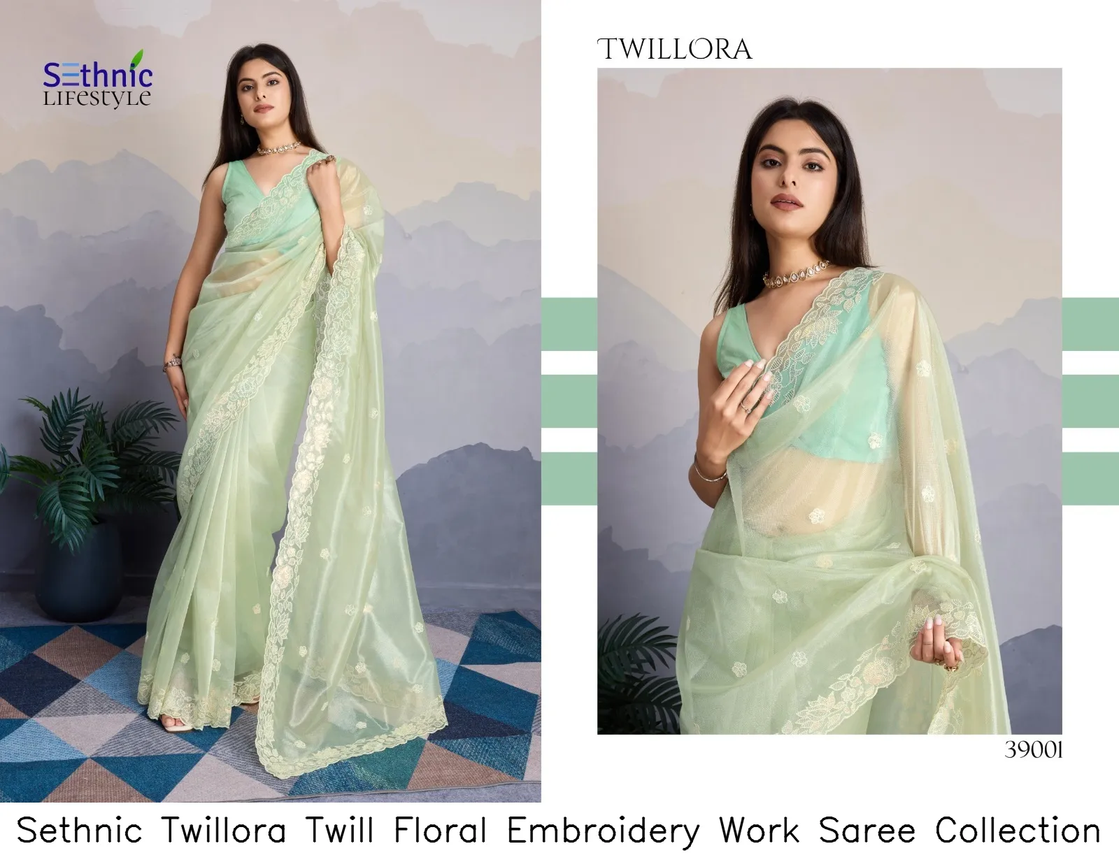 Sethnic Twillora Twill Floral Embroidery Work Saree Collection