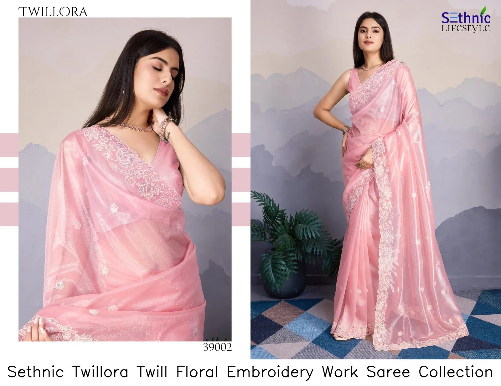 Sethnic Twillora Twill Floral Embroidery Work Saree Collection