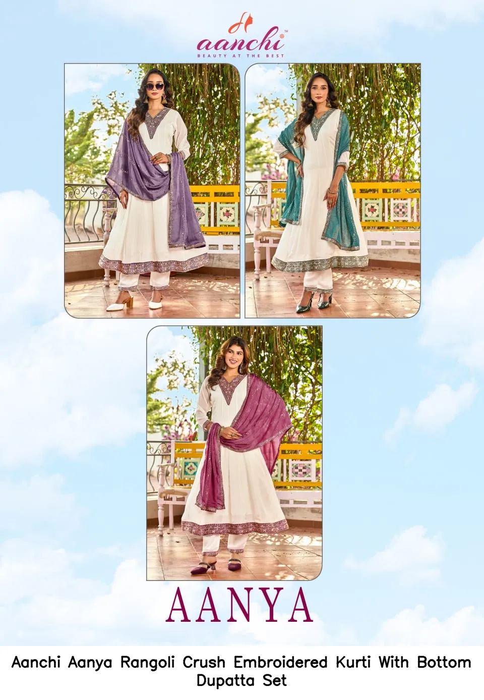 Aanchi Aanya Rangoli Crush Embroidered Kurti With Bottom Dupatta Set — Wholesale Festival Salwar Suits, Aanchi wholesale from Surat — view 2