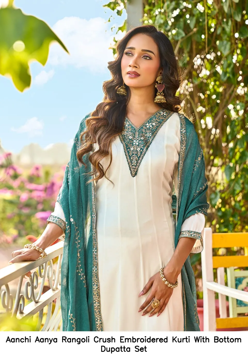Aanchi Aanya Rangoli Crush Embroidered Kurti With Bottom Dupatta Set — Wholesale Festival Salwar Suits, Aanchi wholesale from Surat — view 3