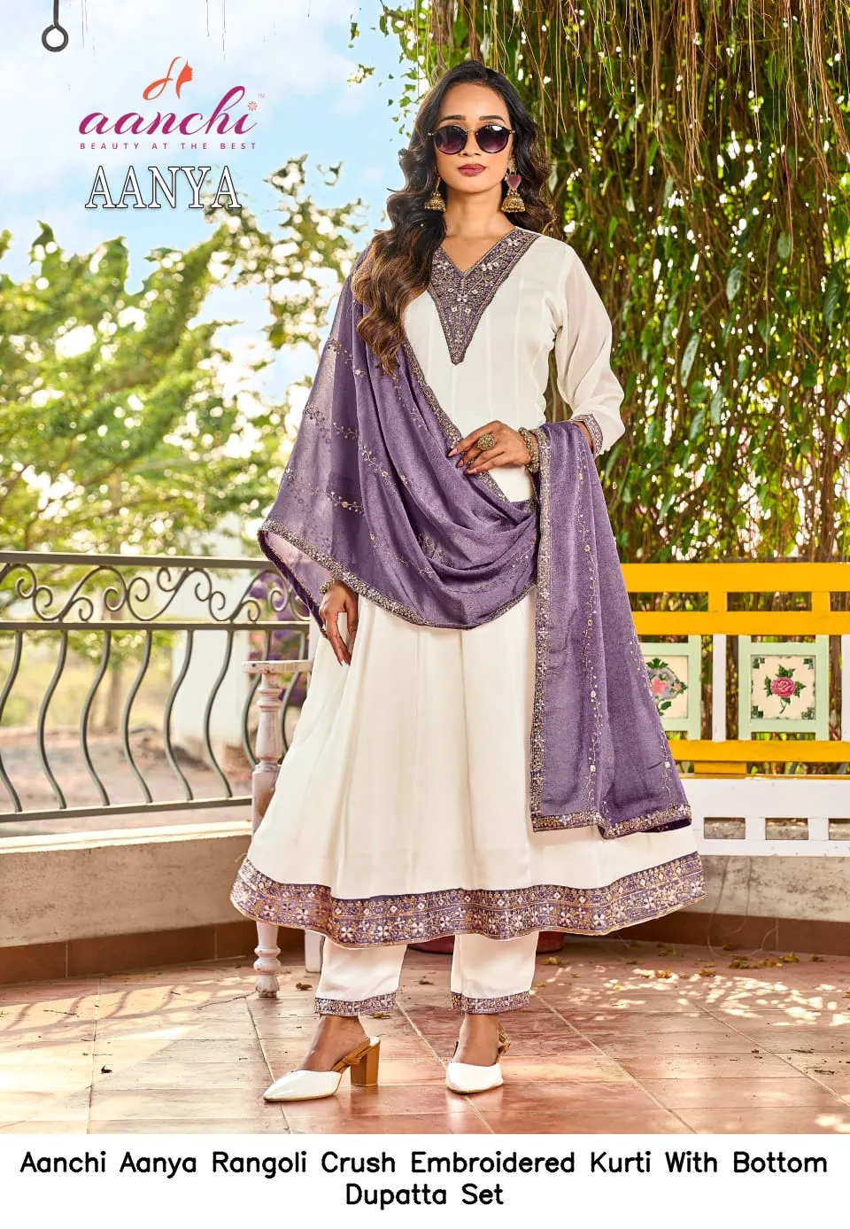 Aanchi Aanya Rangoli Crush Embroidered Kurti With Bottom Dupatta Set — Wholesale Festival Salwar Suits, Aanchi wholesale from Surat — view 4