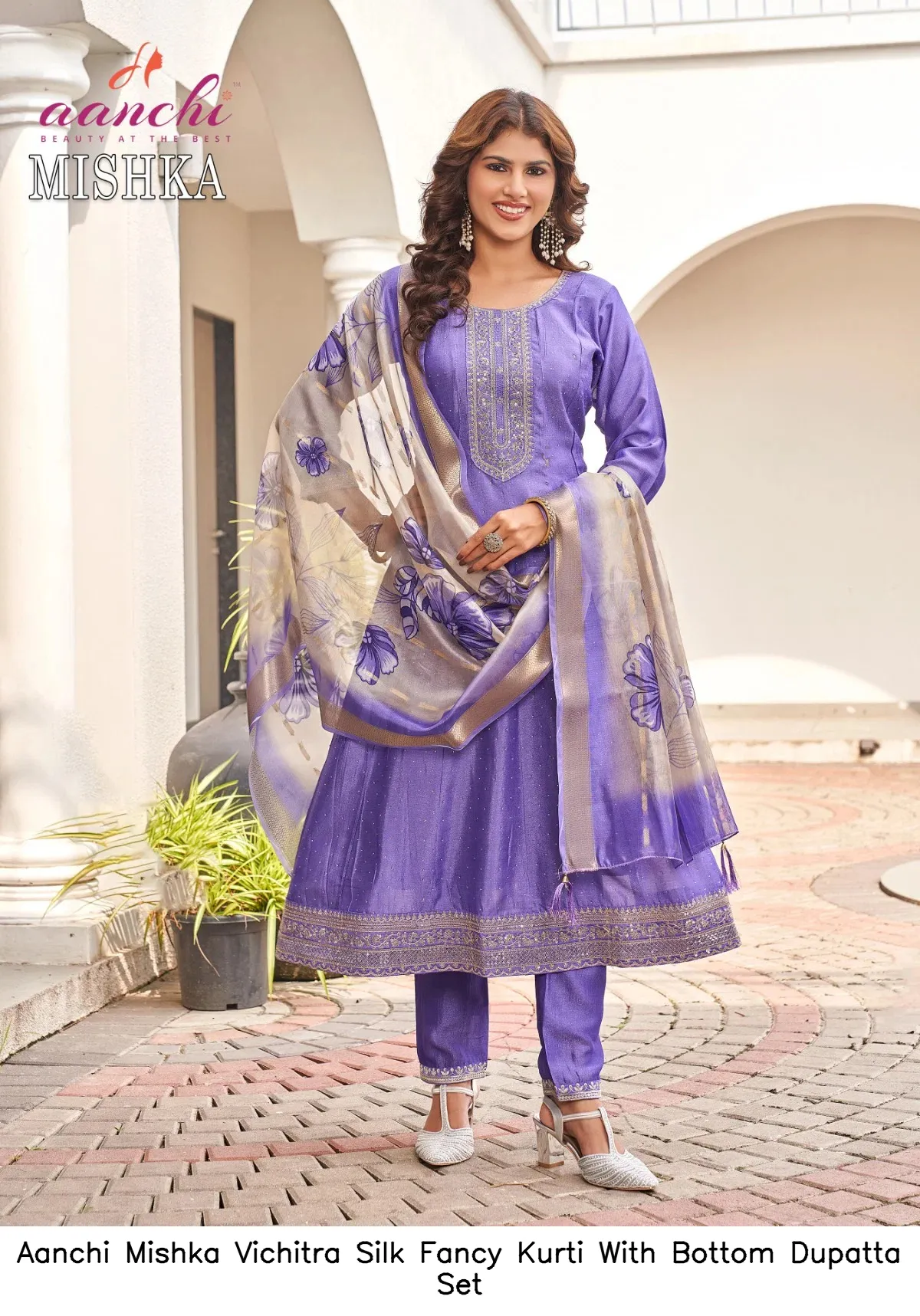 Aanchi Mishka Vichitra Silk Fancy Kurti With Bottom Dupatta Set — Wholesale Anarkali Suits, Aanchi wholesale from Surat — view 2