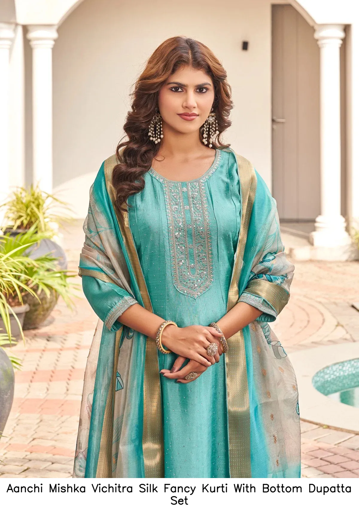 Aanchi Mishka Vichitra Silk Fancy Kurti With Bottom Dupatta Set — Wholesale Anarkali Suits, Aanchi wholesale from Surat — view 3