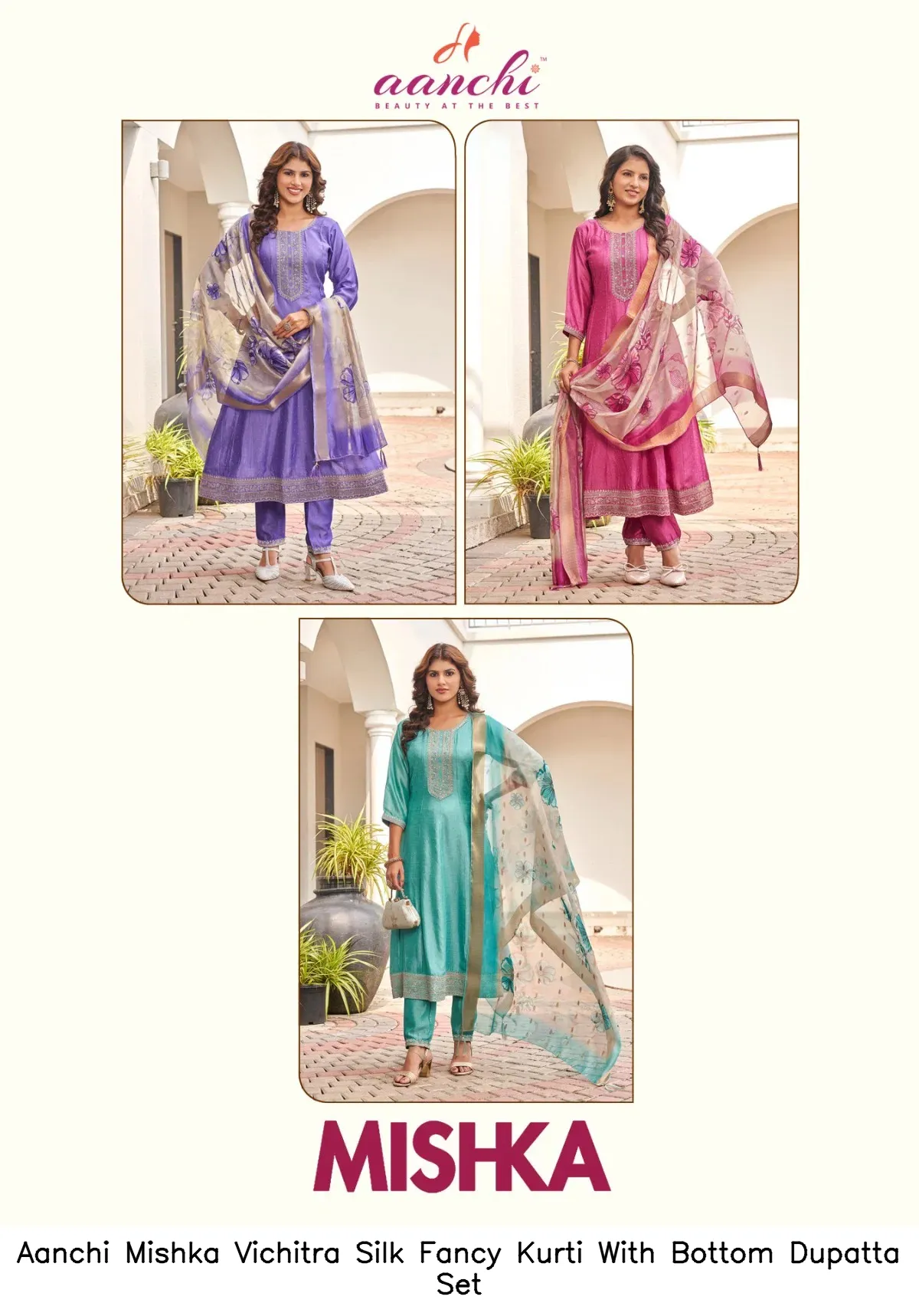 Aanchi Mishka Vichitra Silk Fancy Kurti With Bottom Dupatta Set — Wholesale Anarkali Suits, Aanchi wholesale from Surat — view 4