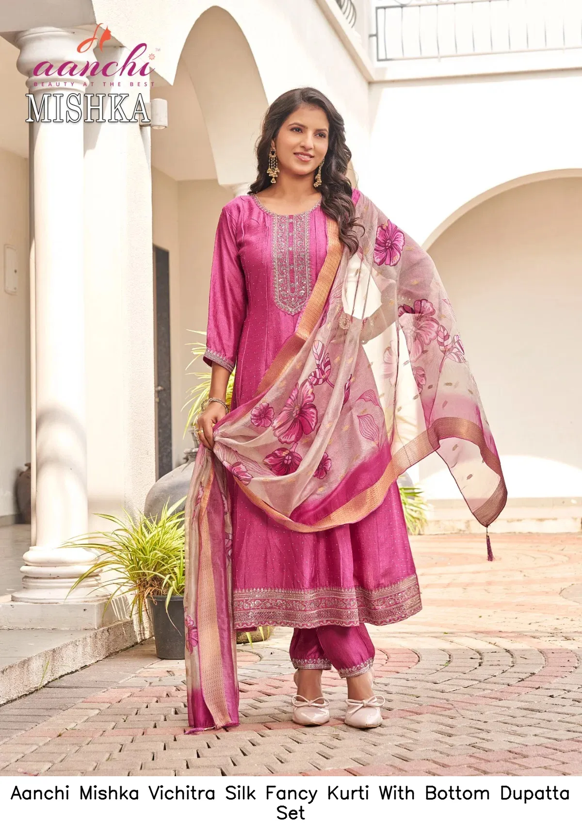 Aanchi Mishka Vichitra Silk Fancy Kurti With Bottom Dupatta Set — Wholesale Anarkali Suits, Aanchi wholesale from Surat — view 5