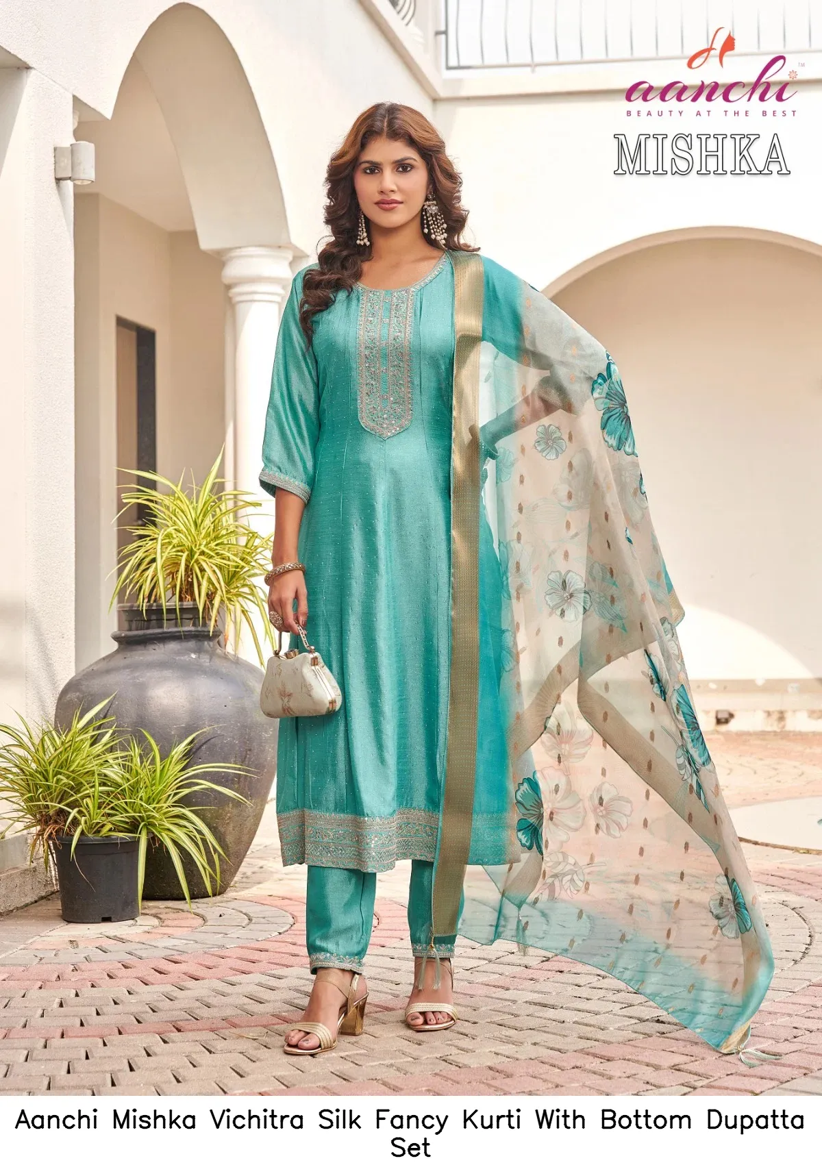 Aanchi Mishka Vichitra Silk Fancy Kurti With Bottom Dupatta Set — Wholesale Anarkali Suits, Aanchi wholesale from Surat — view 6