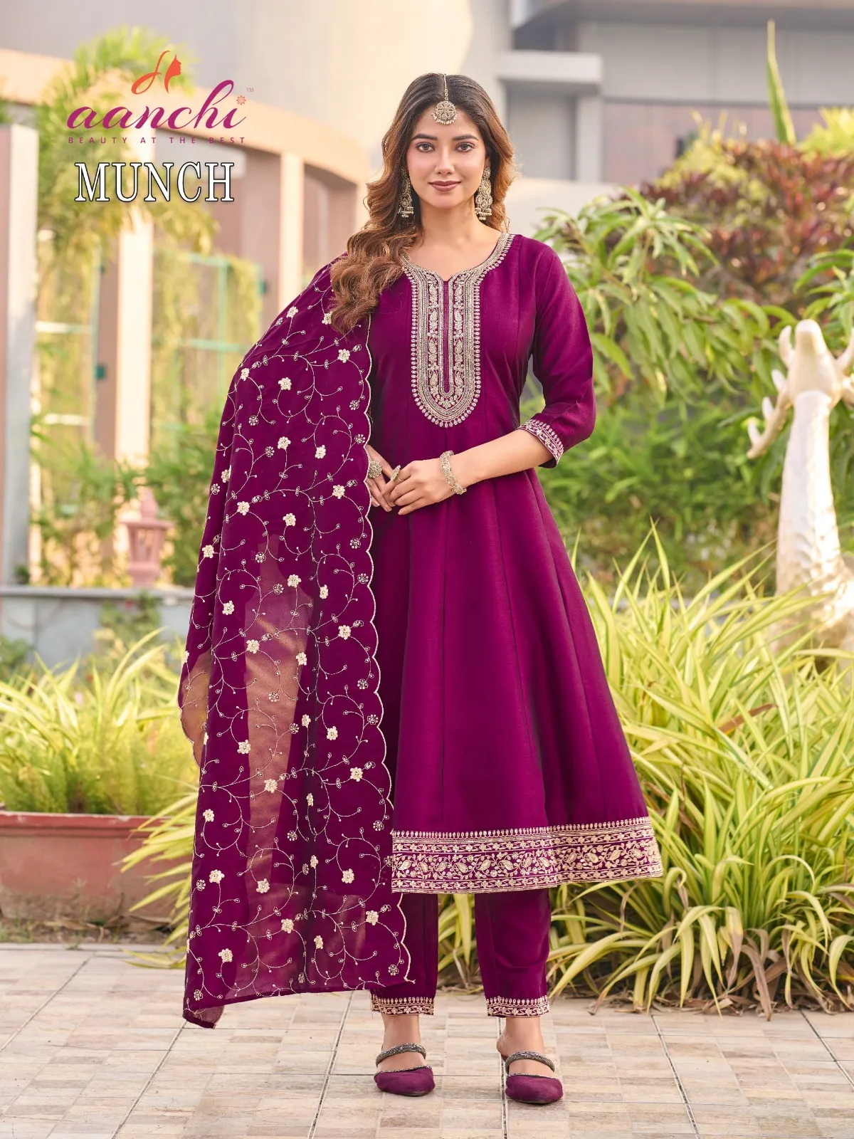 Aanchi Munch Crystal Silk Embroidery Worked Kurti With Bottom Dupatta Set