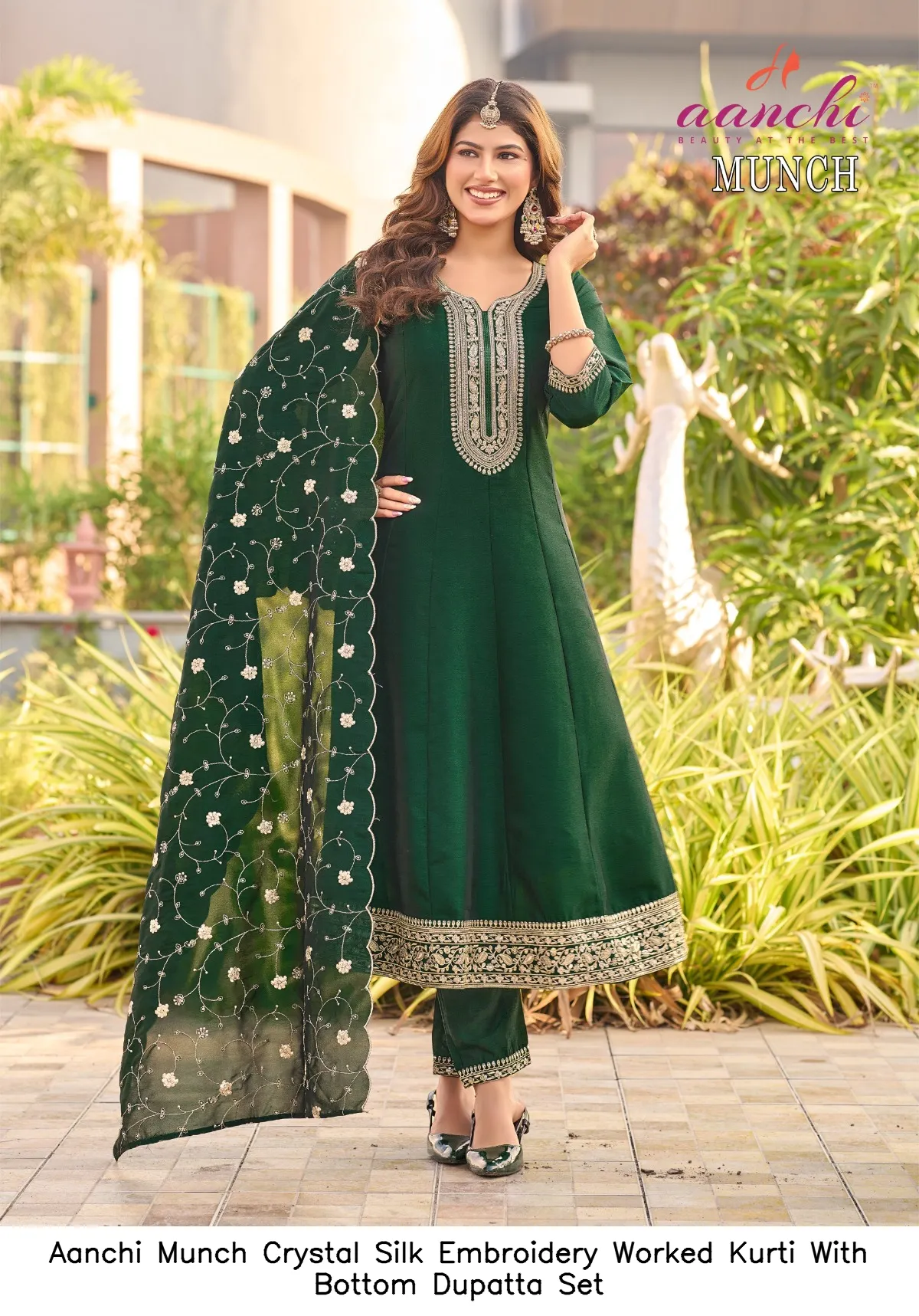Aanchi Munch Crystal Silk Embroidery Worked Kurti With Bottom Dupatta Set — Wholesale Anarkali Suits, Aanchi wholesale from Surat — view 2