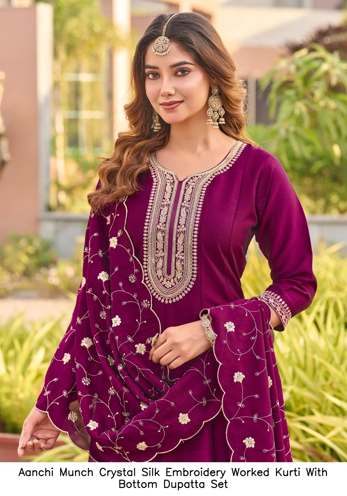 Aanchi Munch Crystal Silk Embroidery Worked Kurti With Bottom Dupatta Set — Wholesale Anarkali Suits, Aanchi wholesale from Surat — view 3