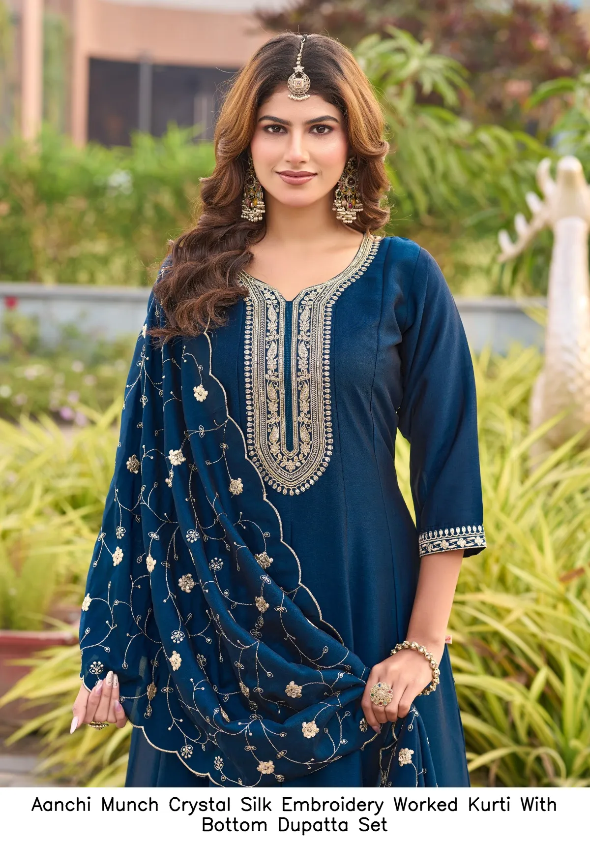 Aanchi Munch Crystal Silk Embroidery Worked Kurti With Bottom Dupatta Set — Wholesale Anarkali Suits, Aanchi wholesale from Surat — view 4