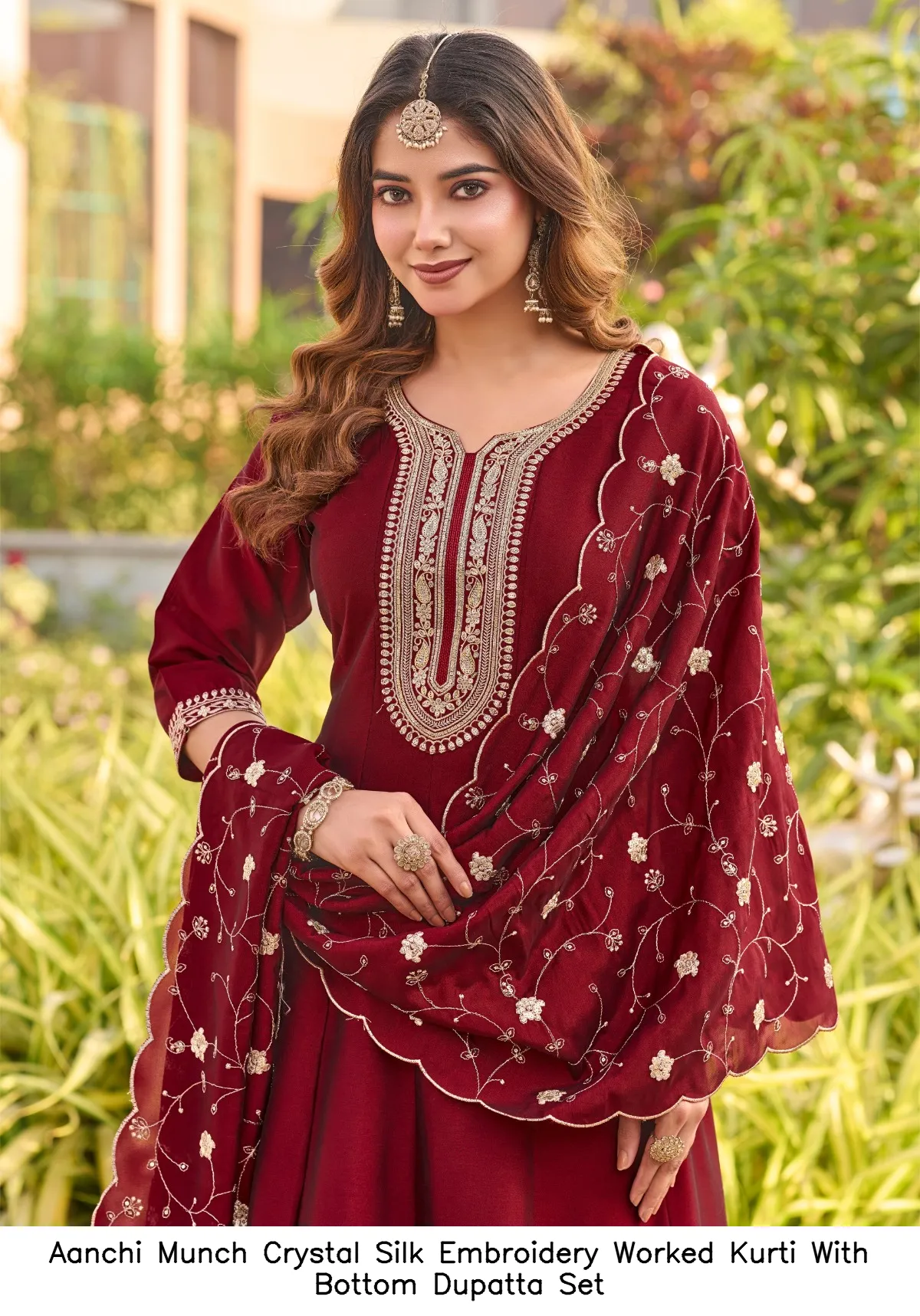 Aanchi Munch Crystal Silk Embroidery Worked Kurti With Bottom Dupatta Set — Wholesale Anarkali Suits, Aanchi wholesale from Surat — view 5