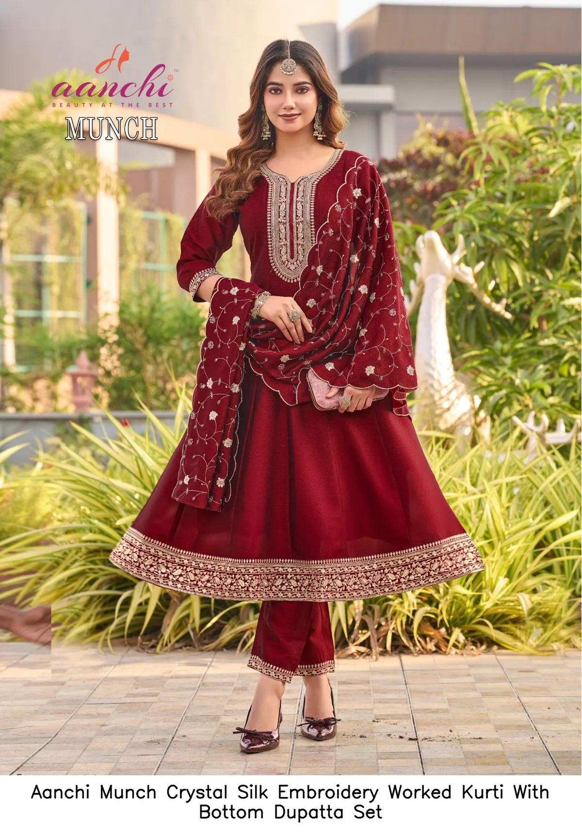 Aanchi Munch Crystal Silk Embroidery Worked Kurti With Bottom Dupatta Set — Wholesale Anarkali Suits, Aanchi wholesale from Surat — view 6
