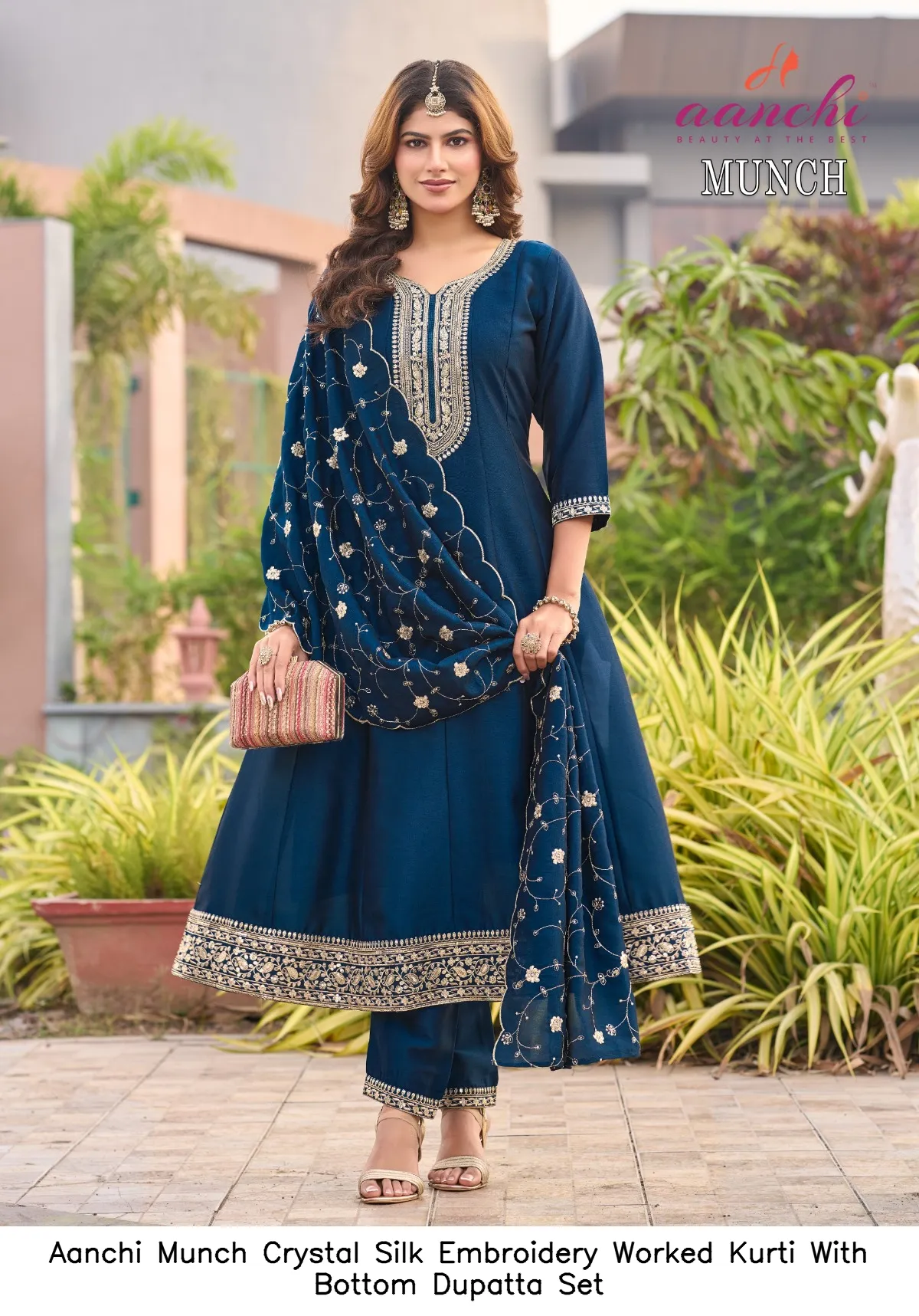 Aanchi Munch Crystal Silk Embroidery Worked Kurti With Bottom Dupatta Set — Wholesale Anarkali Suits, Aanchi wholesale from Surat — view 7