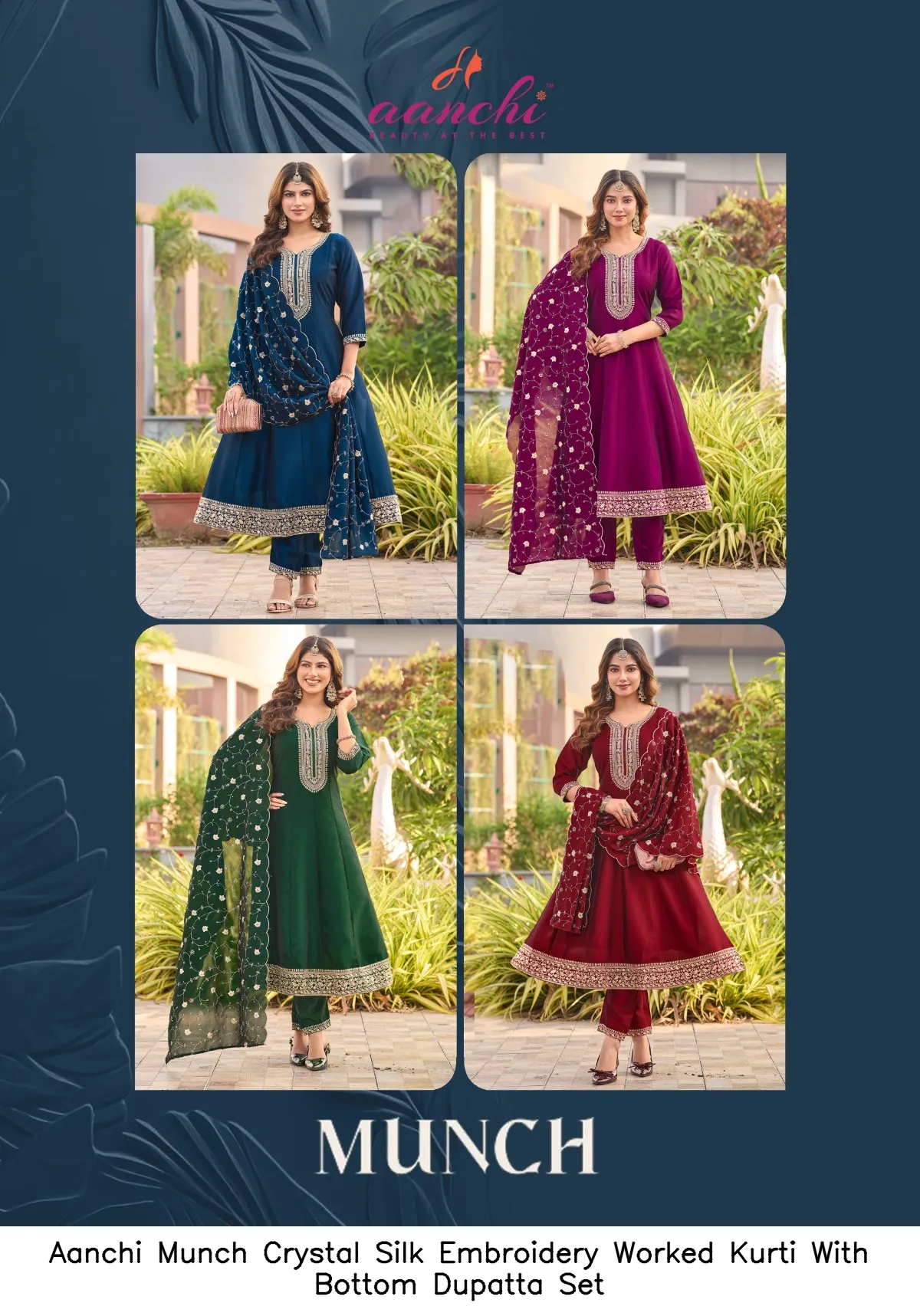 Aanchi Munch Crystal Silk Embroidery Worked Kurti With Bottom Dupatta Set — Wholesale Anarkali Suits, Aanchi wholesale from Surat — view 8