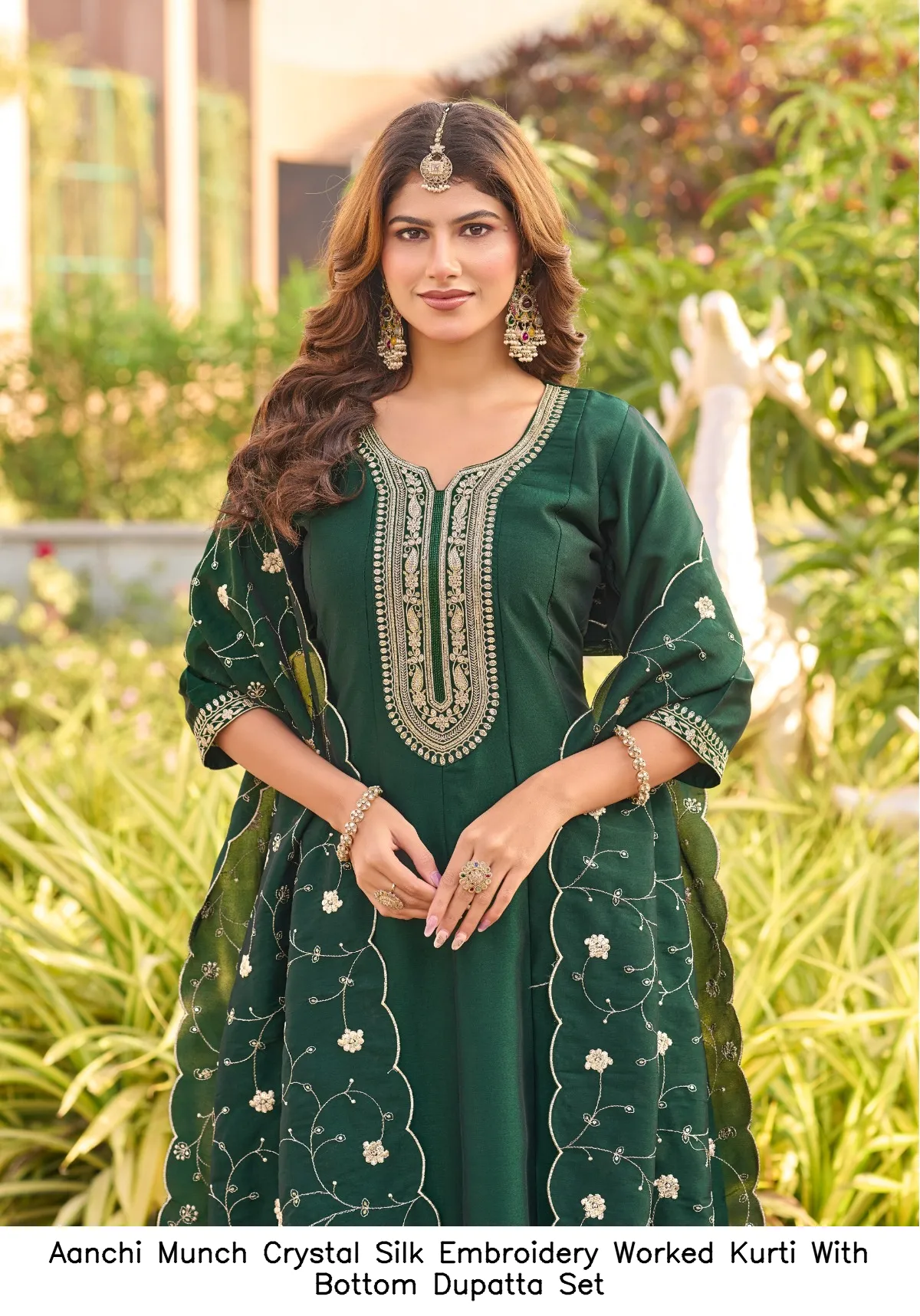 Aanchi Munch Crystal Silk Embroidery Worked Kurti With Bottom Dupatta Set — Wholesale Anarkali Suits, Aanchi wholesale from Surat — view 9