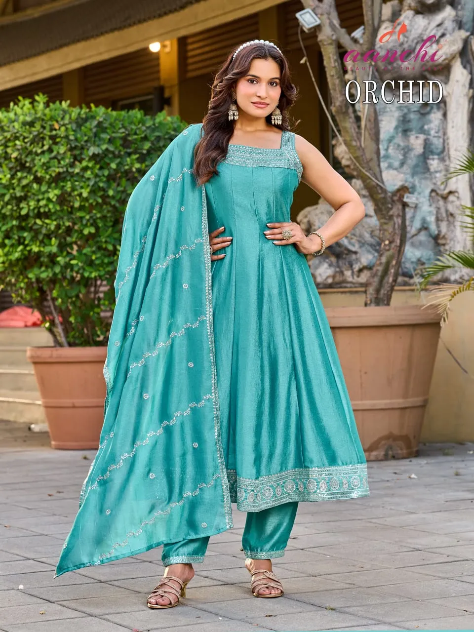 Aanchi Orchid Vichitra Silk Embroidery Worked Kurti With Bottom Dupatta Set