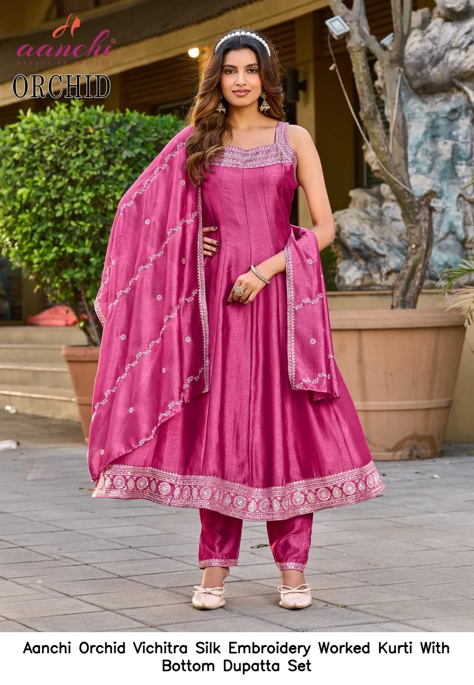 Aanchi Orchid Vichitra Silk Embroidery Worked Kurti With Bottom Dupatta Set — Wholesale Anarkali Suits, Aanchi wholesale from Surat — view 2