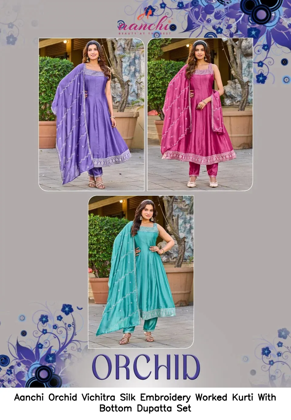 Aanchi Orchid Vichitra Silk Embroidery Worked Kurti With Bottom Dupatta Set — Wholesale Anarkali Suits, Aanchi wholesale from Surat — view 3