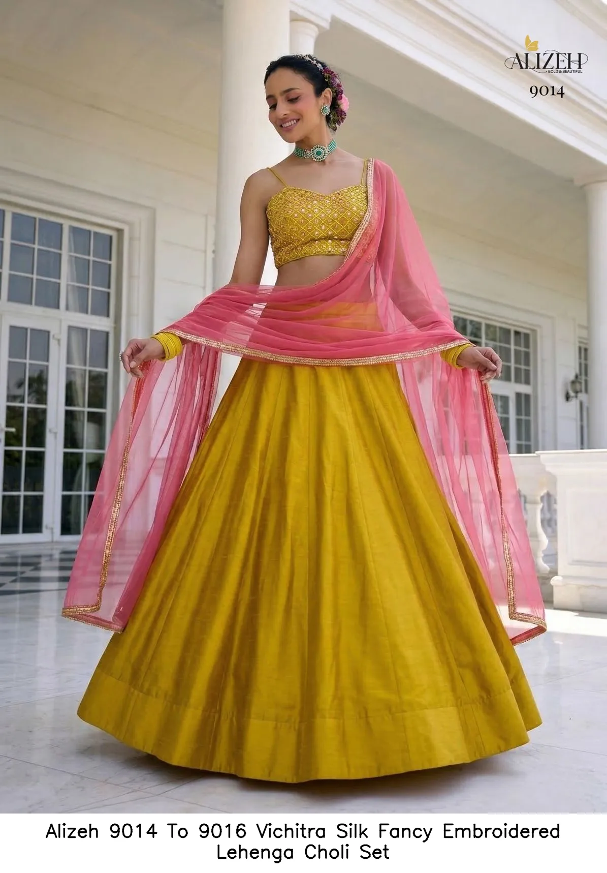 Alizeh 9014 To 9016 Vichitra Silk Fancy Embroidered Lehenga Choli Set — Wholesale Lehenga, Alizeh wholesale from Surat - Gallery Image 11