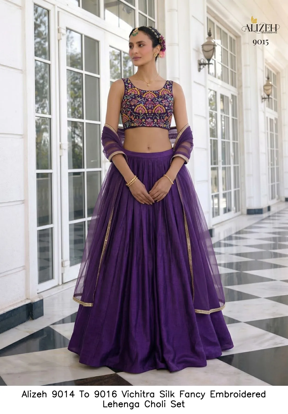 Alizeh 9014 To 9016 Vichitra Silk Fancy Embroidered Lehenga Choli Set — Wholesale Lehenga, Alizeh wholesale from Surat — view 12