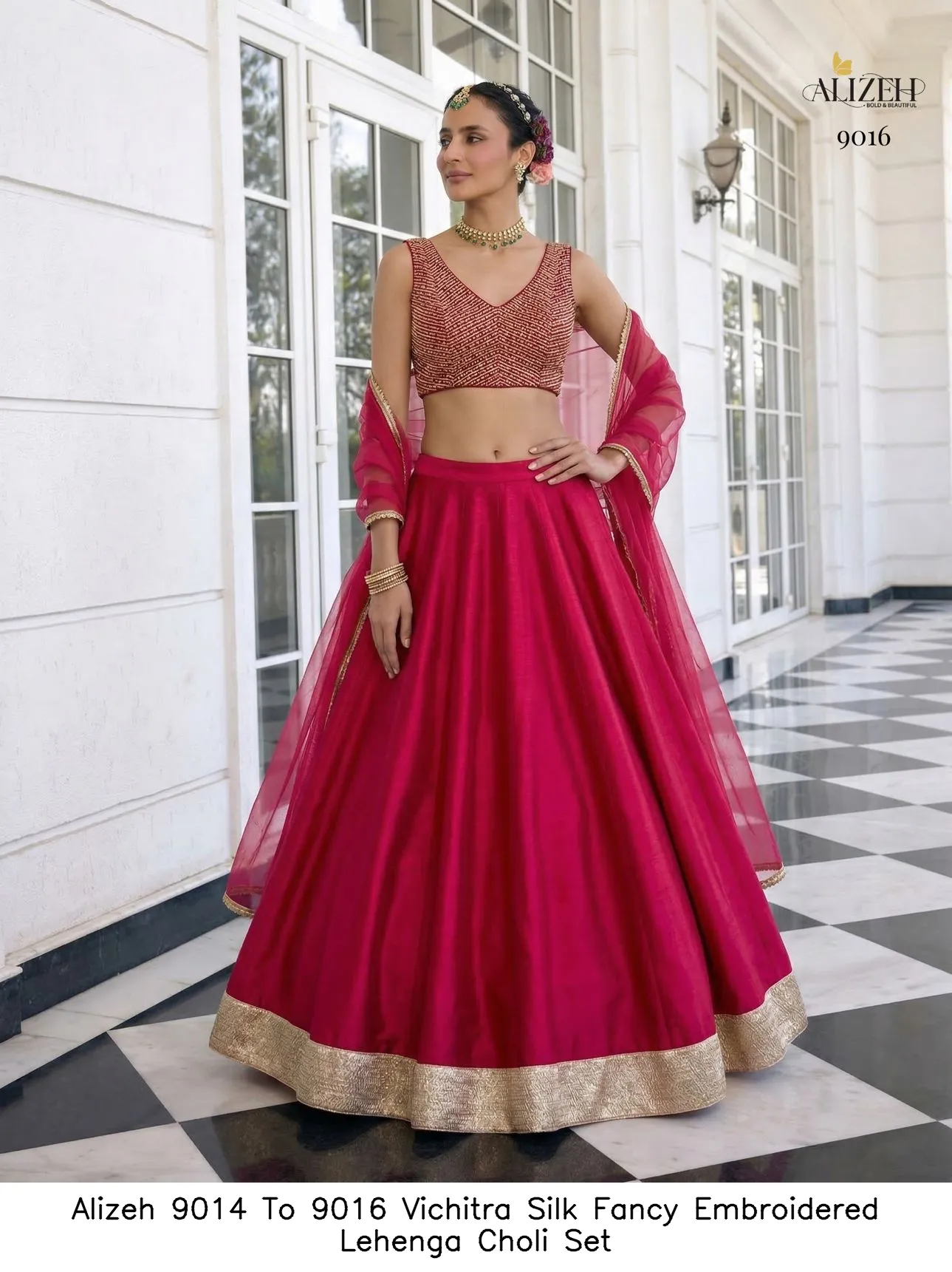 Alizeh 9014 To 9016 Vichitra Silk Fancy Embroidered Lehenga Choli Set — Wholesale Lehenga, Alizeh wholesale from Surat - Gallery Image 2