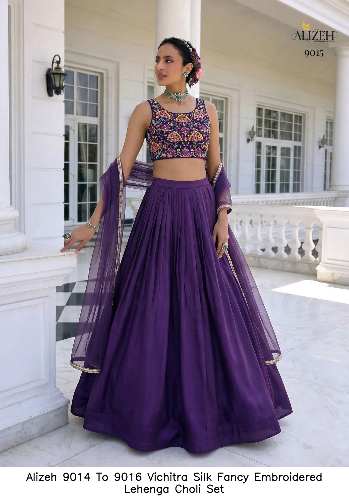 Alizeh 9014 To 9016 Vichitra Silk Fancy Embroidered Lehenga Choli Set — Wholesale Lehenga, Alizeh wholesale from Surat - Gallery Image 6