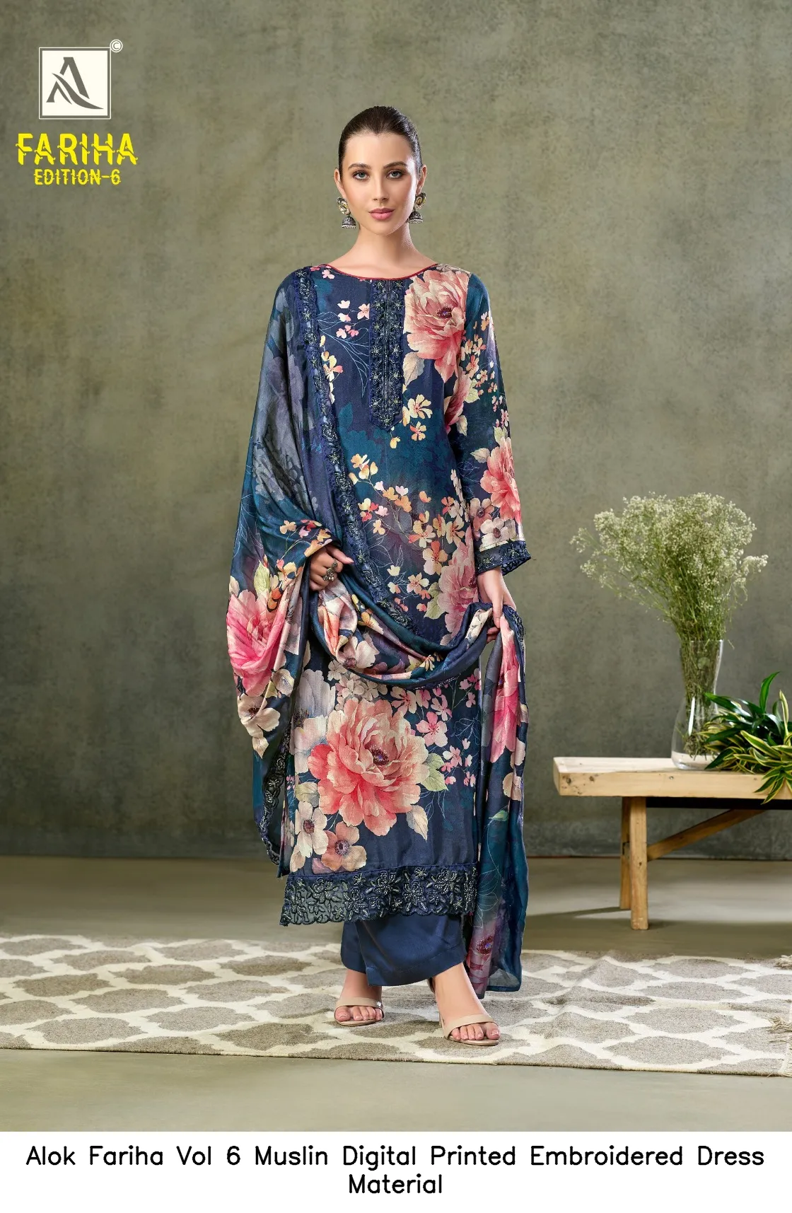 Alok Fariha Vol 6 Muslin Digital Printed Embroidered Dress Material — Wholesale Salwar Suits, Alok wholesale from Surat — view 3