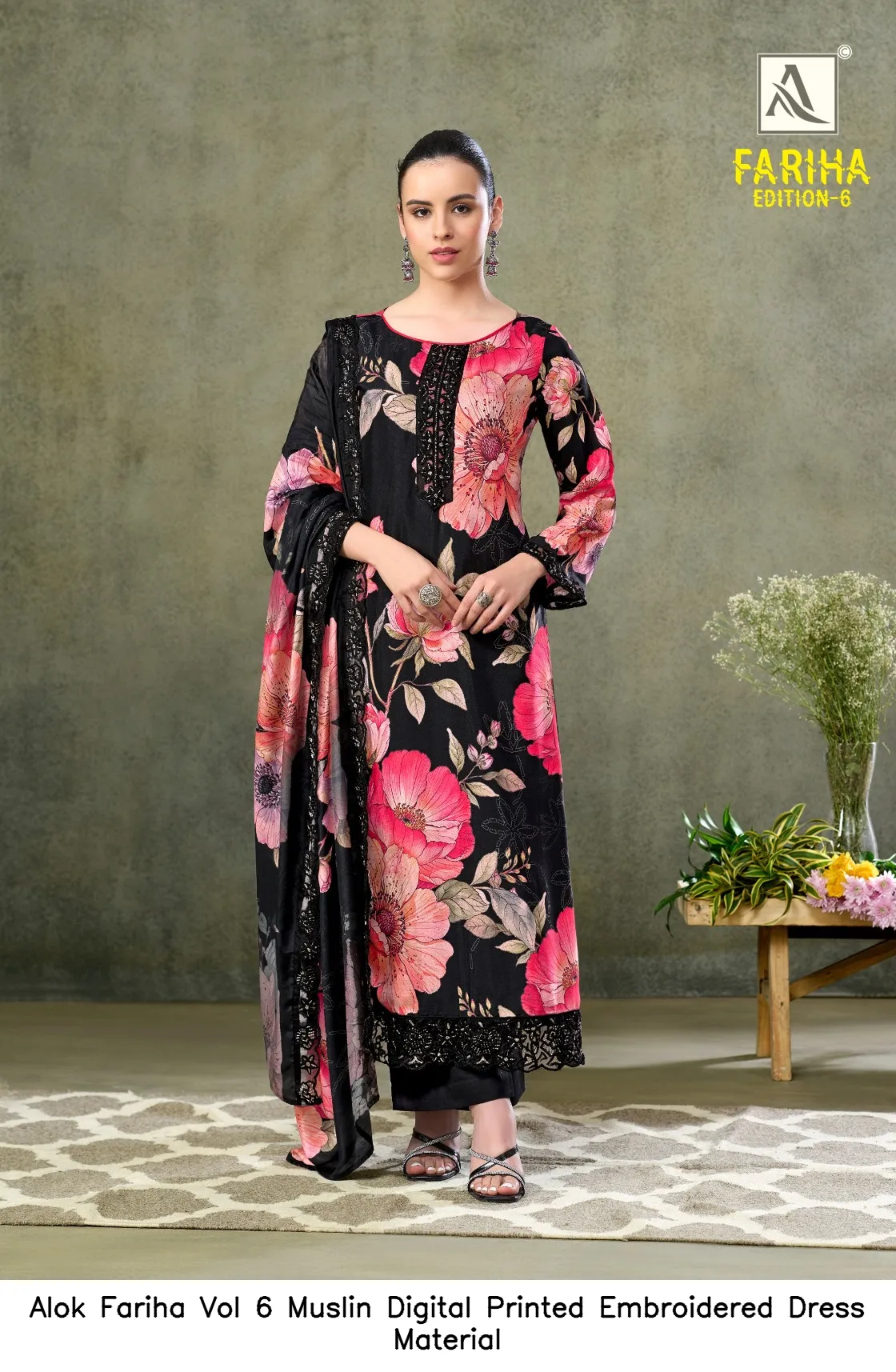 Alok Fariha Vol 6 Muslin Digital Printed Embroidered Dress Material — Wholesale Salwar Suits, Alok wholesale from Surat — view 4