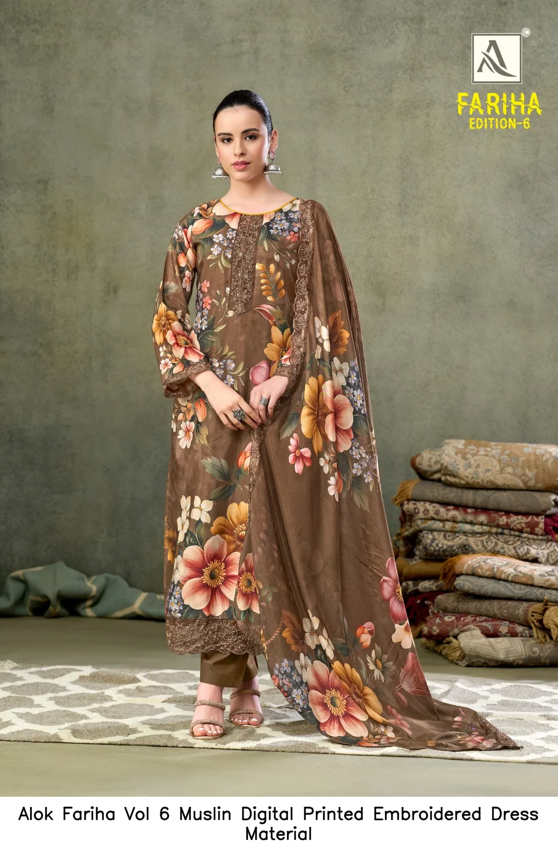 Alok Fariha Vol 6 Muslin Digital Printed Embroidered Dress Material — Wholesale Salwar Suits, Alok wholesale from Surat — view 5